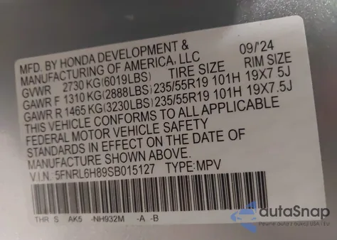 2025 Honda Odyssey Touring z USA, uszkodzony, nr VIN 5FNRL6H89SB015127